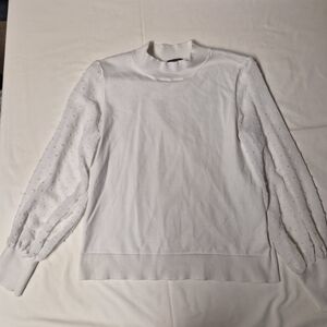 Vince Camuto White Mock Neck Sweater Swiss Dot Sheer Balloon Sleeve - Size M